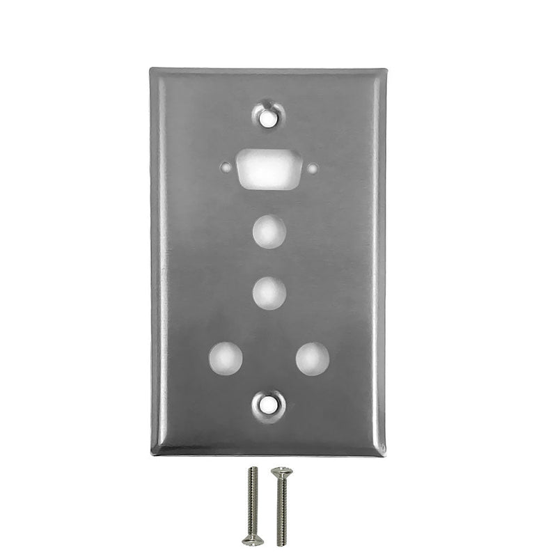1-Port DB9 size cutout + 4 x 3/8 inch hole Stainless Steel Wall Plate