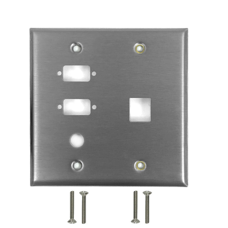 Double Gang, 2-Port DB9 size cutout , 3/8 inch hole, 1 x Keystone Stainless Steel Wall Plate