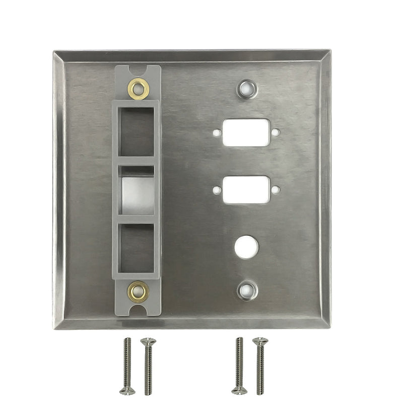 Double Gang, 2-Port DB9 size cutout , 3/8 inch hole, 1 x Keystone Stainless Steel Wall Plate