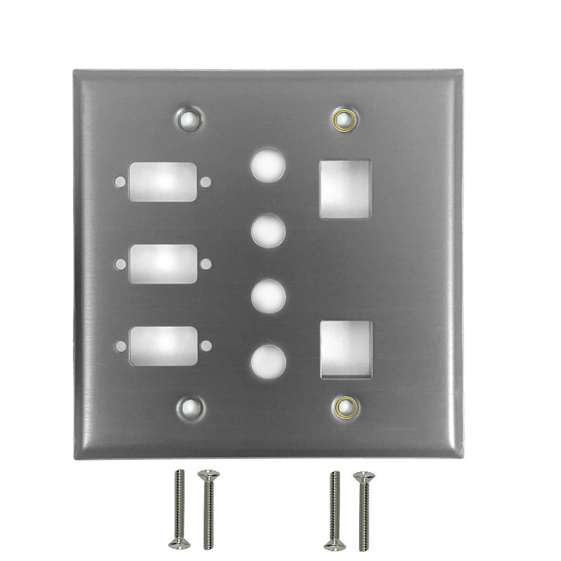Double Gang, 3-Port DB9 size cutout , 4 3/8 inch hole, 2 x Keystone Stainless Steel Wall Plate
