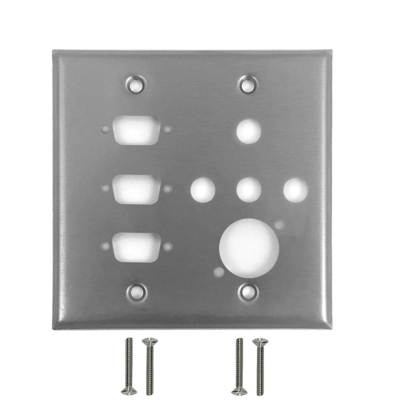 Double Gang, 3-Port DB9 size cutout , 4 3/8 inch hole, 1 x XLR Stainless Steel Wall Plate