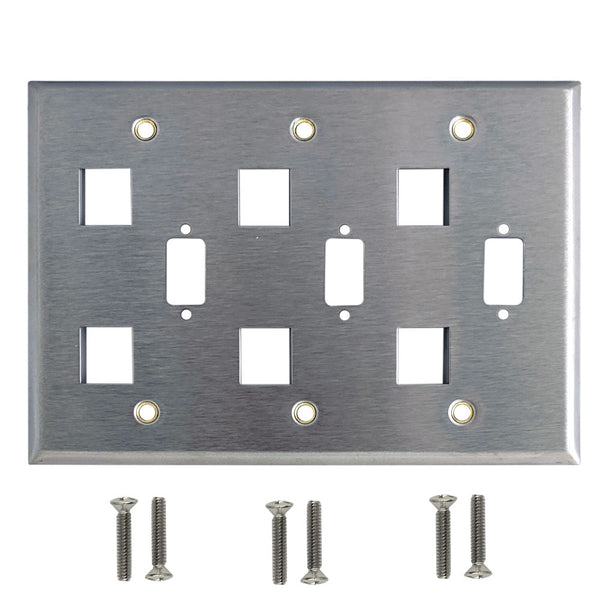 Triple Gang, 3-Port DB9 Size Cutout, 6 x Keystone Stainless Steel Wall Plate