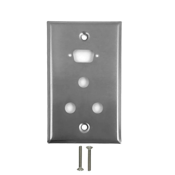 1-Port DB9 size cutout + 3 x 3/8 inch hole Stainless Steel Wall Plate