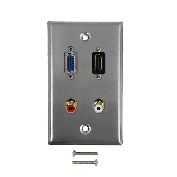 VGA, HDMI, RCA + Left/Right Audio Single Gang Wall Plate Kit - Stainless Steel