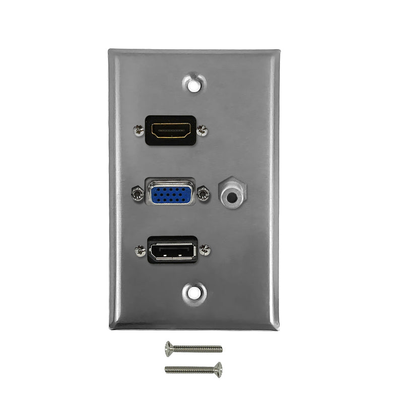 VGA, HDMI, DisplayPort, 3.5mm Single Gang Wall Plate Kit - Stainless Steel