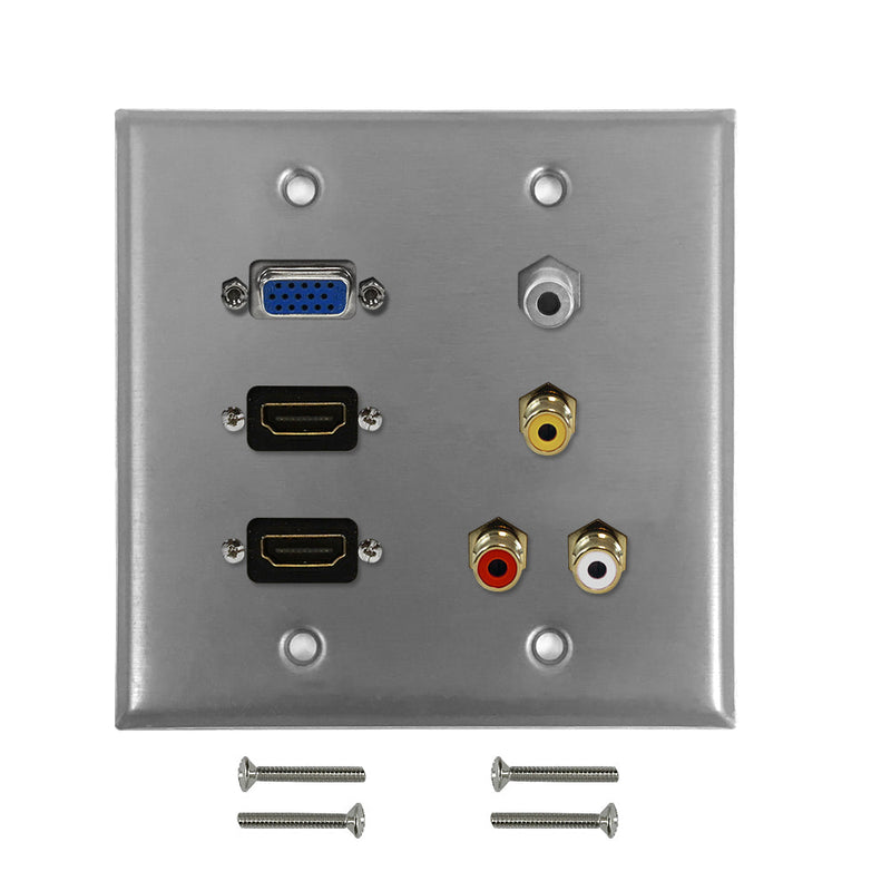 VGA, 2x HDMI, 3.5mm, RCA Composite + Left/Right Audio Double Gang Wall Plate Kit - Stainless Steel