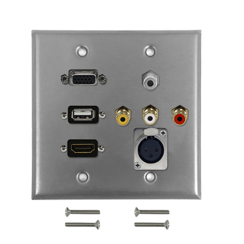 VGA, USB, HDMI, 3.5mm, RCA Composite + Left/Right Audio, XLR Female Double Gang Wall Plate Kit - Stainless Steel