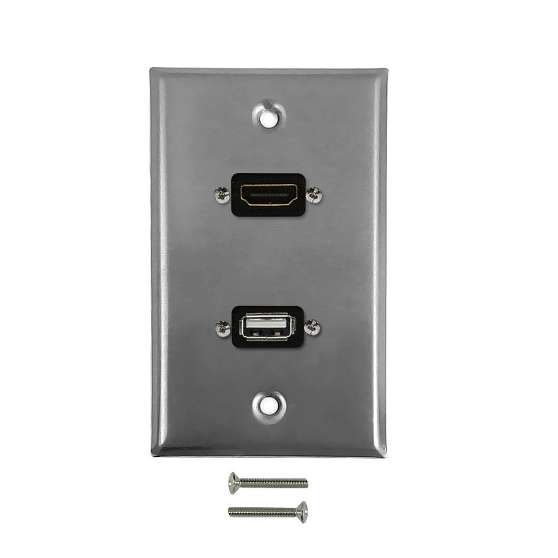 HDMI, USB Single Gang Wall Plate Kit - Stainless Steel