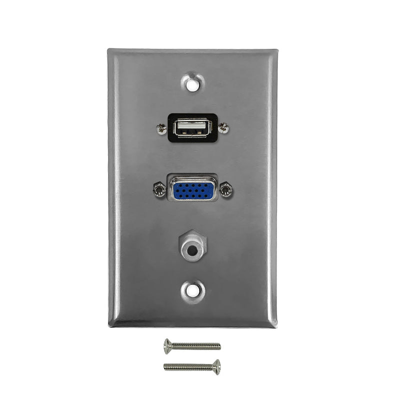 VGA, USB, 3.5mm Single Gang Wall Plate Kit - Stainless Steel